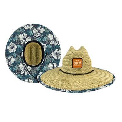 Domestic Straw Hat w/Custom Patch And White Flowers Pattern Print